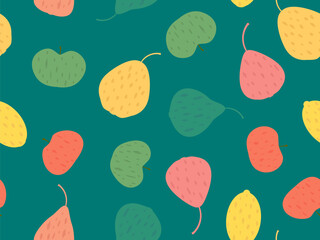 Seamless pattern with pears, apples and lemons on a green background. Summer fruit pattern. Design for printing on fabric, paper and banners. Vector illustration