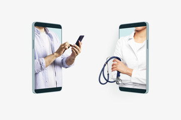 Online doctor, health checkup, virtual hospital and telemedicine concept with two smartphones...