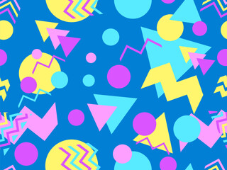 Memphis seamless pattern with geometric shapes in 80s style. Colorful geometric pattern. Design of promotional products, wrapping paper and printing. Vector illustration