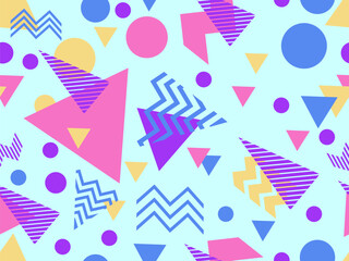 Seamless pattern with geometric shapes in 80s memphis style. Colorful geometric pattern with triangles, dots, zigzags and stripes. Design for print, banners and wallpapers. Vector illustration