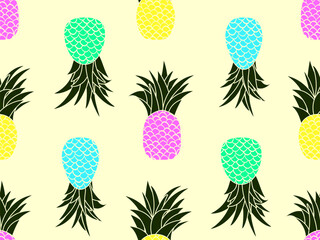 Pineapple seamless pattern. Summer fruit pattern from colorful pineapple fruit. Tropical background for t-shirts, prints on paper and fabric. Vector illustration