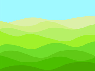 Obraz na płótnie Canvas Green wavy landscape with blue sky in minimalist style. Summer landscape with fields and meadows. Typographic boho decor for wrappers, posters and interior design. Vector illustration