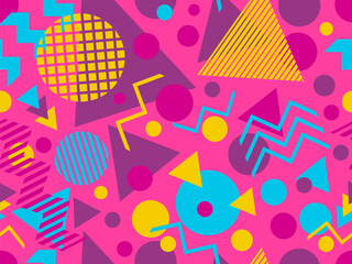Seamless pattern with geometric shapes in 80s memphis style. Colorful geometric pattern with triangles, dots, zigzags and stripes. Design for wrappers, banners and posters. Vector illustration