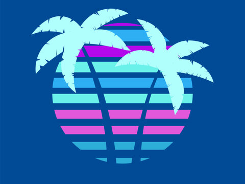 Two palm trees against the backdrop of the 80s retro sun isolated on a blue background. Design for printing advertising brochures, banners and posters. Vector illustration