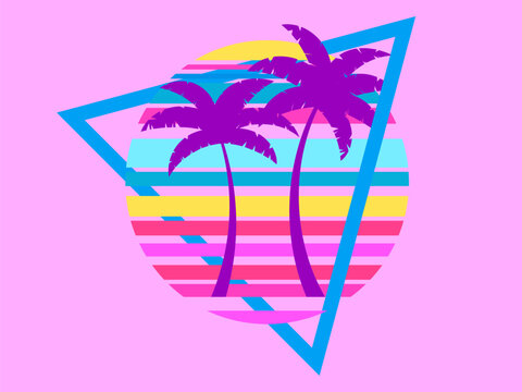 Palm trees at sunset in the style of the 80s in a triangular frame isolated on a pink background. Retro striped sun with stripes of different colors. Design for banner and poster. Vector illustration