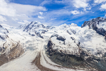 Magnificent panorama of the Pennine Alps with famous Gorner Glacier and impressive snow capped mountains Monte Rosa Massif close to Zermatt, Switzerland