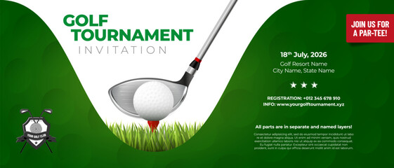 Invitation template for golf tournament with ball and stick