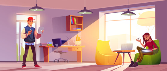 Young man and woman working at home office. Vector cartoon illustration of startup company employees in light room with large window, desk and chairs using laptop, tablet, thinking over creative ideas