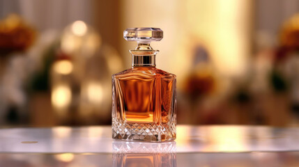 Bottle of perfume on table against blurred background, close-up