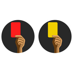 Yellow and red cards in the hand of a football referee sports vector illustration, two round soccer icons.