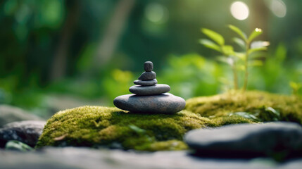 zen stones in the green forest, shallow depth of field, zen concept