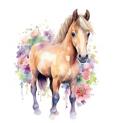 Obraz na płótnie Canvas Baby Horse and Wildflowers, Digital Illustration Bundle, Digital Crafting, Paper Crafting, Watercolor Nursery Art, Commercial Use ClipArt