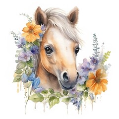 Baby Horse and Wildflowers, Digital Illustration Bundle, Digital Crafting, Paper Crafting, Watercolor Nursery Art, Commercial Use ClipArt