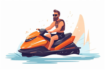 Generative AI. Man ride jetski in sea vector poster. Aquabike on ocean wave illustration. Summer cartoon landscape with character in sunglasses on water scooter. Extreme water sport banner. 