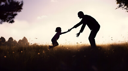 Fototapeta na wymiar Father and his child at sunset. Concept of happy father day. AI generated