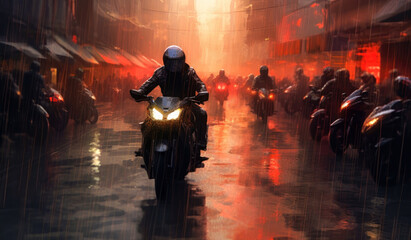 Fototapeta na wymiar Motorcyclist driving on the road in the rain