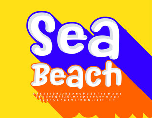Vector travel poster Sea Beach. Playful Font with Big Orange Shadow. Funny 3D Alphabet Letters, Numbers and Symbols set