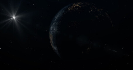 Planet Earth in outer space. Lights of cities on the planet.