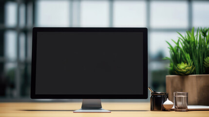 Close up of modern desktop with blank black computer screen. Mock up