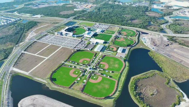 View from above of new baseball stadiums in rural Florida. Open air ballpark in rural Florida. American sport infrastructure