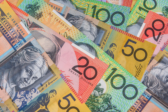 Colorful australian dollar banknotes close up on table