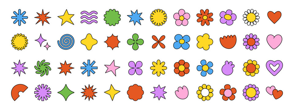 Cute cartoon flowers and shapes icons. Daisy floral organic form cloud star and other elements in trendy playful brutal style. Vector illustrations isolated on white background.