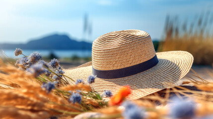Straw hat on the beach with flowers