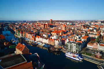 Fototapeta premium Aerial view of Gdansk city in Poland. Historical center in old town in european city. Panoramic view of modern european city