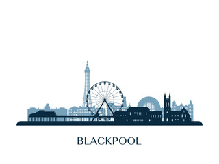 Blackpool skyline, monochrome silhouette. Vector illustration. - 604794699