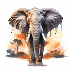 AI Generated: Hyper Realistic Watercolor Elephant at Sunset. Hyper Detailed and Hyper Quality. Isolated on White Background. Generative AI.