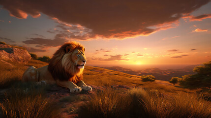Obraz premium AI Generated: Captivating Sunset Backdrop with a Majestic Lion. Rich and Vibrant Warm Hues Illuminate the Regal Aura. Breathtaking Composition. Generative AI.