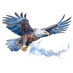Obraz na płótnie Canvas AI Generated: Hyper-Realistic Watercolor Artwork of Majestic Eagle in Flight. Detailed Feathers and Sharp Gaze against Clear Blue Sky. A Symbol of Freedom and Strength. Generative AI.