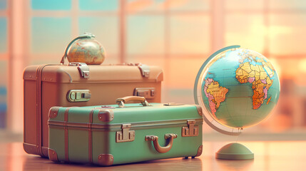AI Generated: Time to Travel - Vacation and Travel Concept with Suitcases, Plane, and Globe on Sunny Vacation Background. Embark on an Adventure of Exploration and Relaxation. Generative AI.