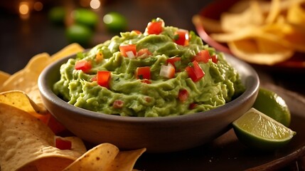 AI Generated: Bowl of Freshly Made Guacamole, Vibrant Green with Creamy Texture. Surrounding it are Tortilla Chips, Lime Wedges, and Colorful Diced Tomatoes and Onions. Capturing the Freshness.