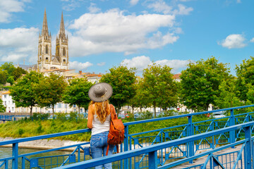 Woman tourist in France- Niort, Deux Sèvres,  Poitou Charente region