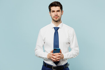 Young confident employee business man corporate lawyer wear classic formal shirt tie work in office...