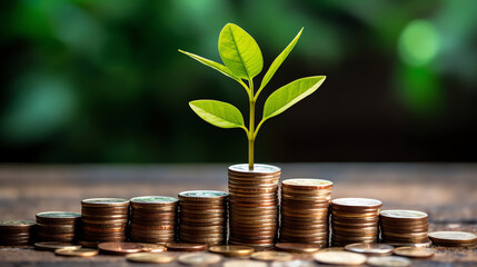 AI Generated: Growing Seedlings on Stacked Coins. Finance and Investment Concept for Saving Money and Business Growth. Profitable Financial and Business Ventures Generative AI.