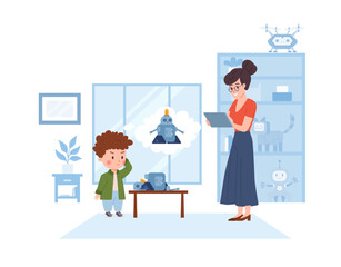 Little boy thinking how to make robot, cartoon flat vector illustration isolated on white background.