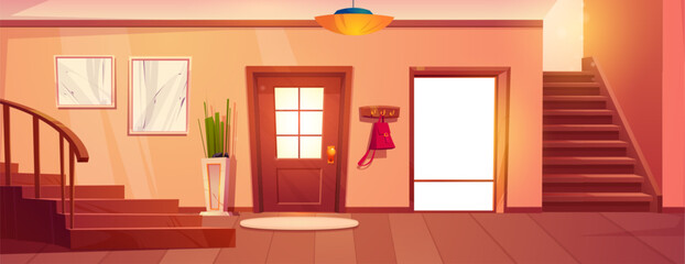 House hallway interior design with stairs. Vector cartoon illustration of large light hall, entrance door, window, staircase, floor mat, framed abstract pictures on wall. Cozy home, luxury apartment © klyaksun