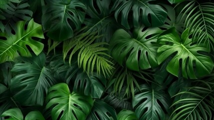 Naklejka na ściany i meble Group background of dark green tropical leaves ( monstera, palm, coconut leaf, fern, palm leaf,bananaleaf) Panorama background. concept of nature generative ai variation 1