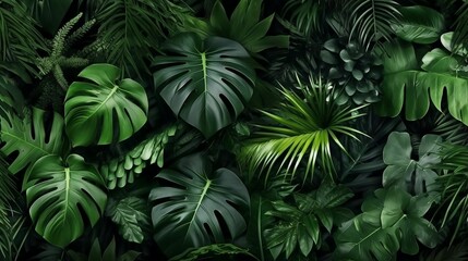 Naklejka na ściany i meble Group background of dark green tropical leaves ( monstera, palm, coconut leaf, fern, palm leaf,bananaleaf) Panorama background. concept of nature generative ai variation 4