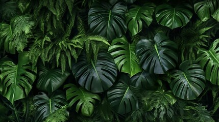 Naklejka na ściany i meble Group background of dark green tropical leaves ( monstera, palm, coconut leaf, fern, palm leaf,bananaleaf) Panorama background. concept of nature generative ai variation 5