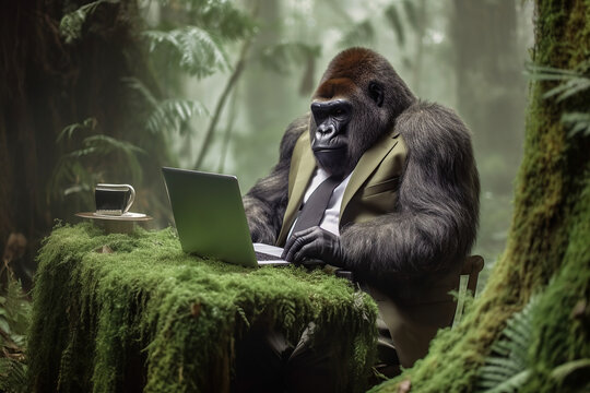 Image of the gorilla wearing a business suit sitting in front of a massive brunch of a giant tree covered with moss and working on a laptop.