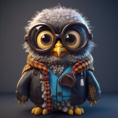 3D cartoon owl portrait wearing clothes, standing in front, generative ai