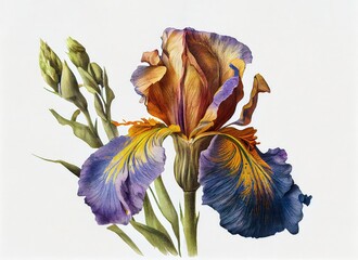 Fototapeta na wymiar Iris Flower Botanical Illustration, Blue Spring Flowers Realistic Painting, Abstract Generative AI Illustration