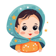 A cartoon baby with a blue scarf and a smile on her face.