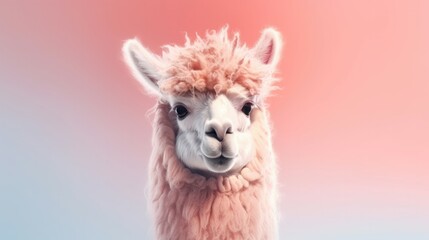 Obraz premium Head of furry alpaca looking lateral with copy space for advertisement. Space background for banner text. Generative AI