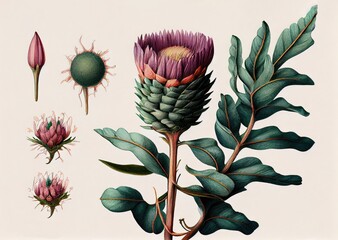 Obraz premium A Fantasy Non-Existent Plant, Swietenia Macrophylla Botanical Illustration, Abstract Generative AI Illustration