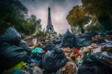Garbage, landfill, overflowing trash cans on the streets of the city of Paris against the backdrop of the Eiffel Tower. Problem, collapse, strike and pension reform. Generative AI. - obrazy, fototapety, plakaty