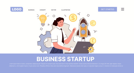 Business startup. Entrepreneur launches new project, analyzes growth and success of his company. Website, template, landing page. Vector characters flat cartoon illustration.
